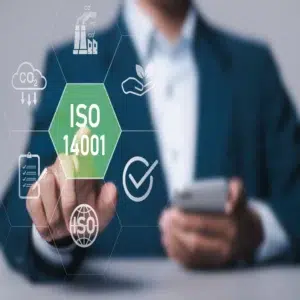 A businessman with an ISO 14001 environmental management icon
