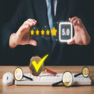 A five star rating and a check mark representing service quality