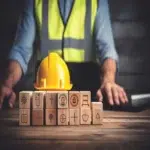 عامل يرتدي سترة عاكسة بجانب خوذة سلامة صفراء