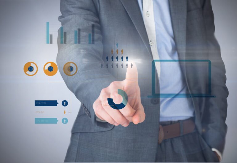composite image businessman grey suit pointing against grey vignette