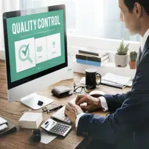 A business desk with a calculator and a quality control dashboard on screen